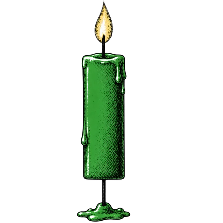 A green wax candle shaped like a stock-chart candlestick, as a stipple engraving